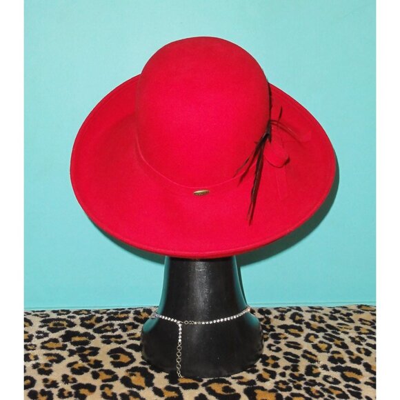 Vintage Scala Red Wool Cloche Hat w/ Feathers upturn brim church hat pinup retro